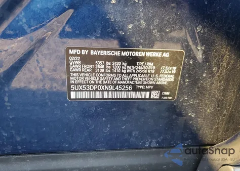 2022 BMW X3 xDrive30I from USA, damaged, VIN 5UX53DP0XN9L45256